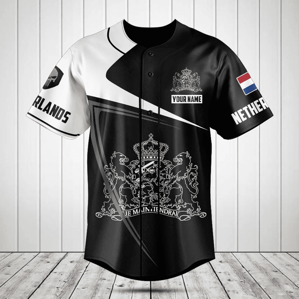Personalized Netherlands Symbol Black And White Skull Baseball Jersey