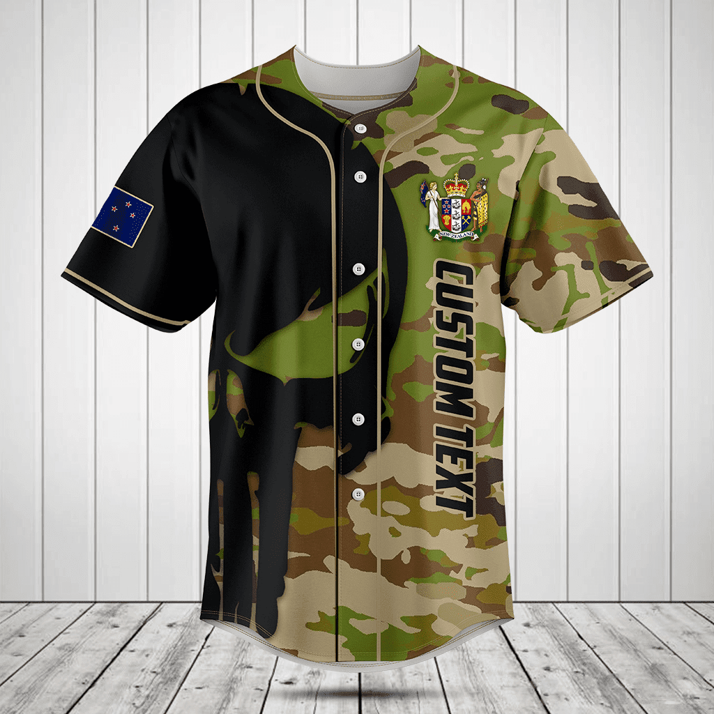 Personalized New Zealand Black Skull Camouflage Baseball Jersey