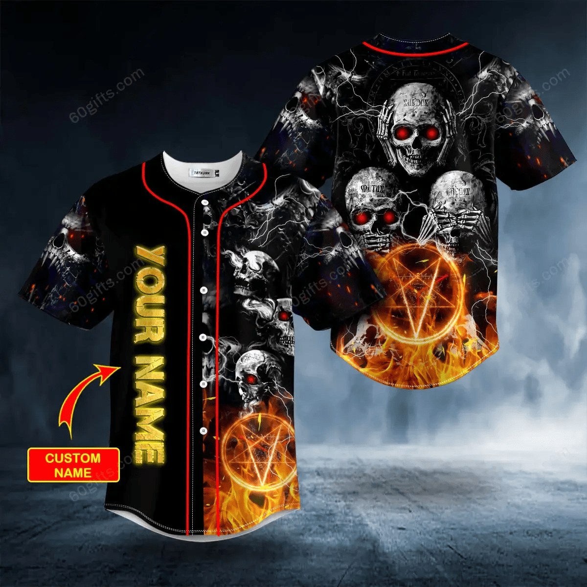 Personalized No See No Hear No Speak Evil Pentagram Fire Skull Baseball Jersey