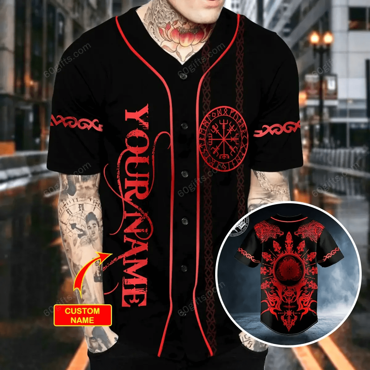 Personalized Norse Compass Hakumen Wolves Viking Tattoo Baseball Jersey