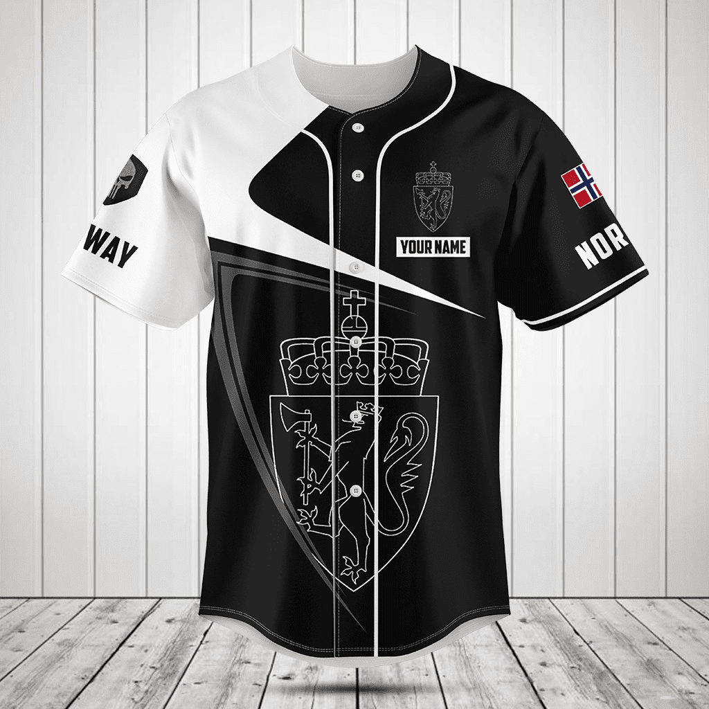 Personalized Norway Symbol Black And White Skull Baseball Jersey