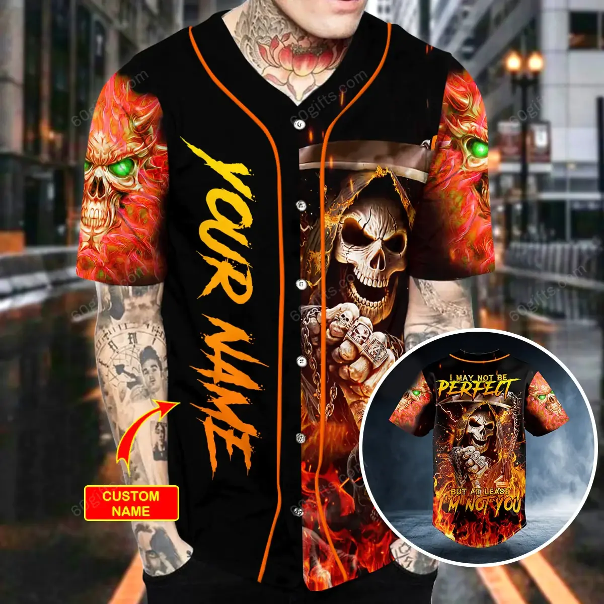 Personalized Not Be Perfect But Not You Flaming Metal Grim Reaper Skull Baseball Jersey