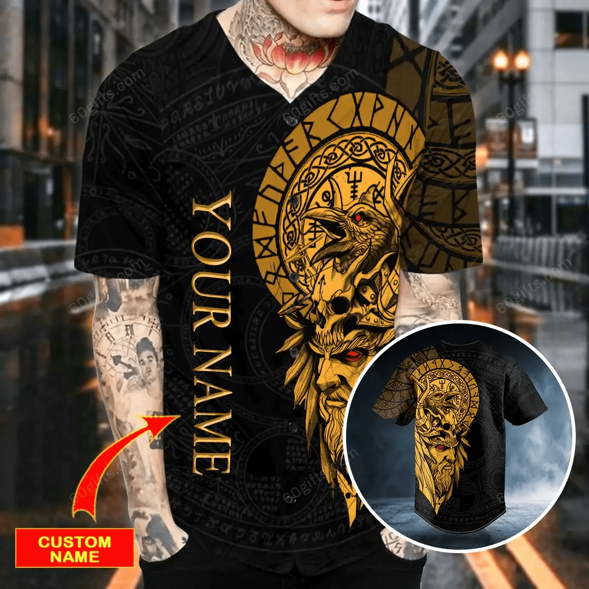 Personalized Odin Ragnarok Nordic Viking Yellow Tattoo Baseball Jersey