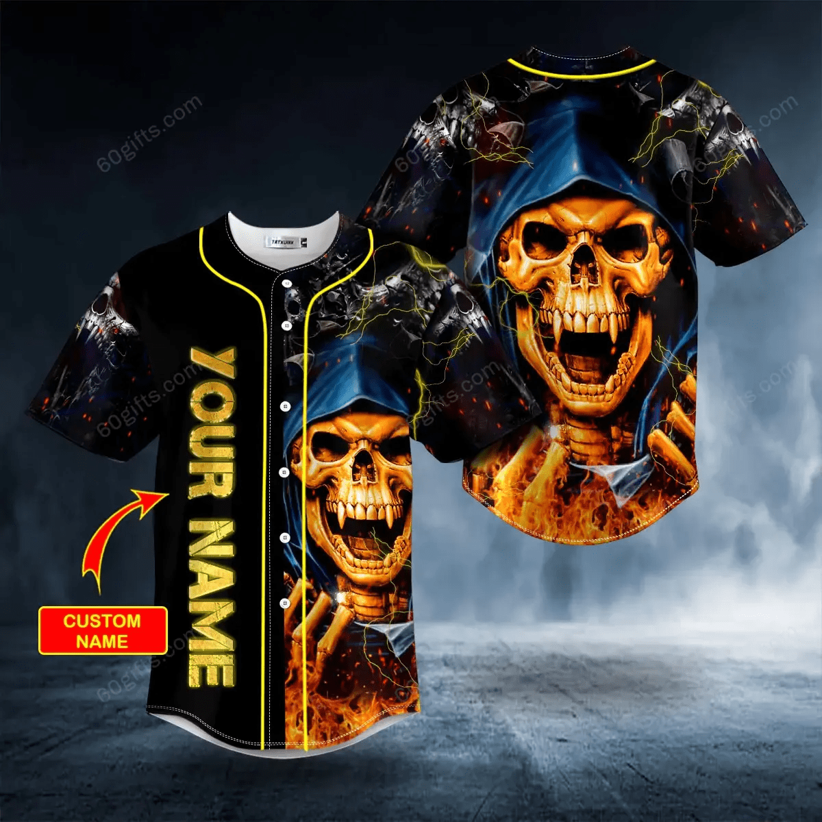 Personalized Orange Grim Reaper Lightning Fire Baseball Jersey
