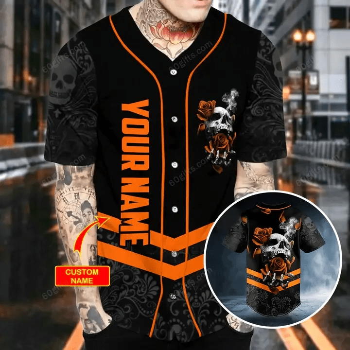Personalized Orange Roses Sugar Skull Baseball Jersey