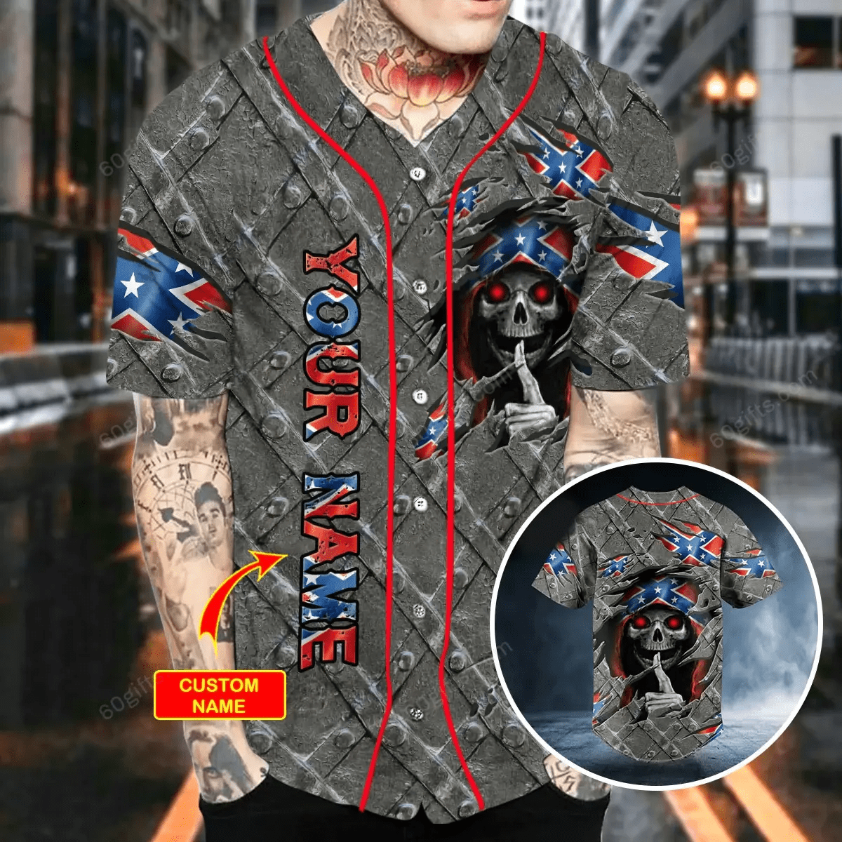 Personalized Patriotism CSA US Flag Shh Skull Baseball Jersey
