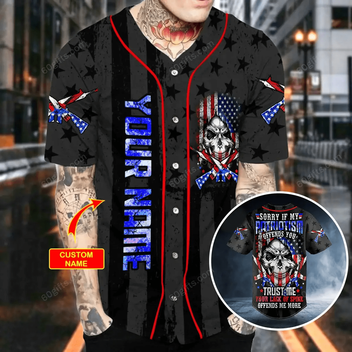 Personalized Patriotism Offends You American Flag Cross Gun Skull Baseball Jersey