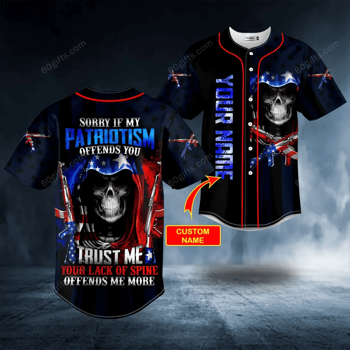 Personalized Patriotism Offends You American Flag Grim Reaper Skull Baseball Jersey