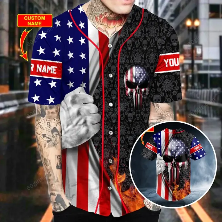 Personalized Patriotism U.S Flag Punisher Skull Baseball Jersey