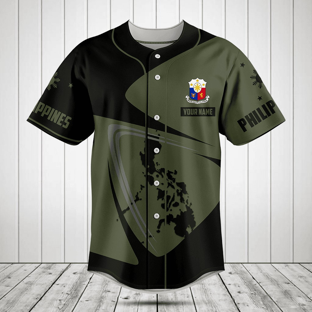 Personalized Philippines Map Black And Olive Green Baseball Jersey