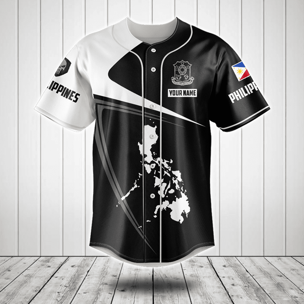 Personalized Philippines Map Black And White Baseball Jersey