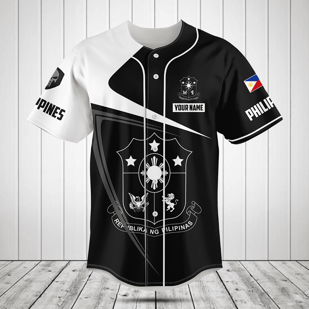 Personalized Philippines Symbol Black And White Skull Baseball Jersey