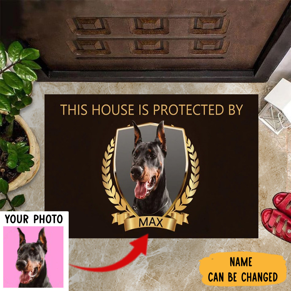 Personalized Photo Dobermann This House Is Protected By Rubber Doormat Dog Themed Rubber Doormats Decor