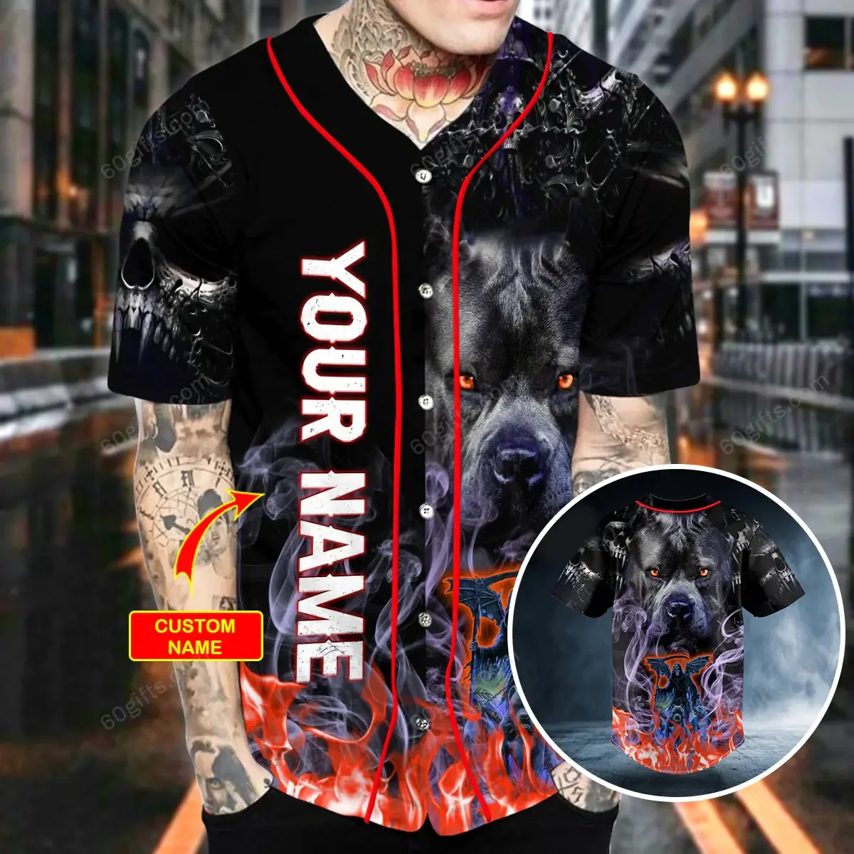 Personalized Pitbull Grim Reaper Fire Skull Baseball Jersey