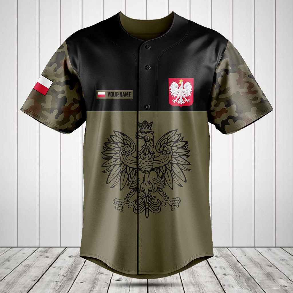Personalized Poland Black Coat of Arms Camo Baseball Jersey