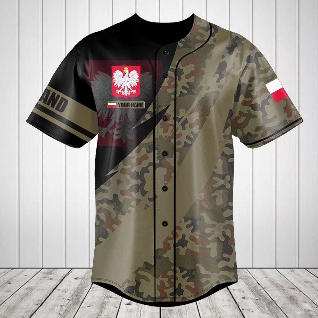 Personalized Poland Coat of Arms Camo Fire Style Baseball Jersey