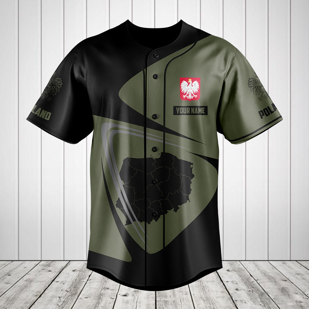 Personalized Poland Map Black And Olive Green Baseball Jersey
