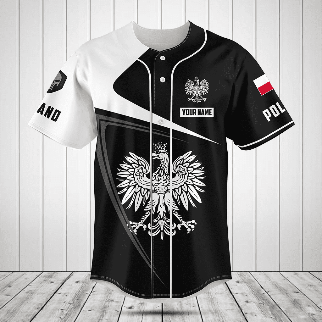 Personalized Poland Symbol Black And White Skull Baseball Jersey