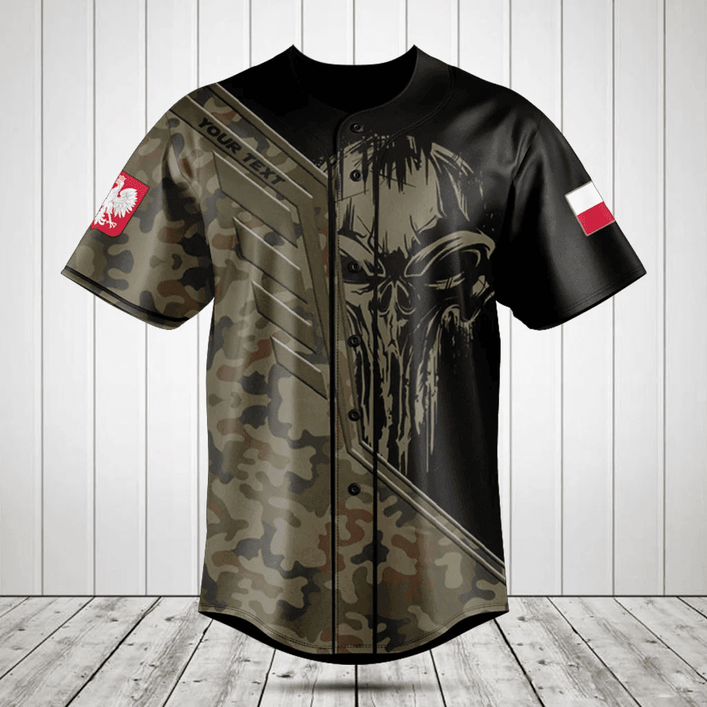 Personalized Poland Wing Skull Camouflage Baseball Jersey