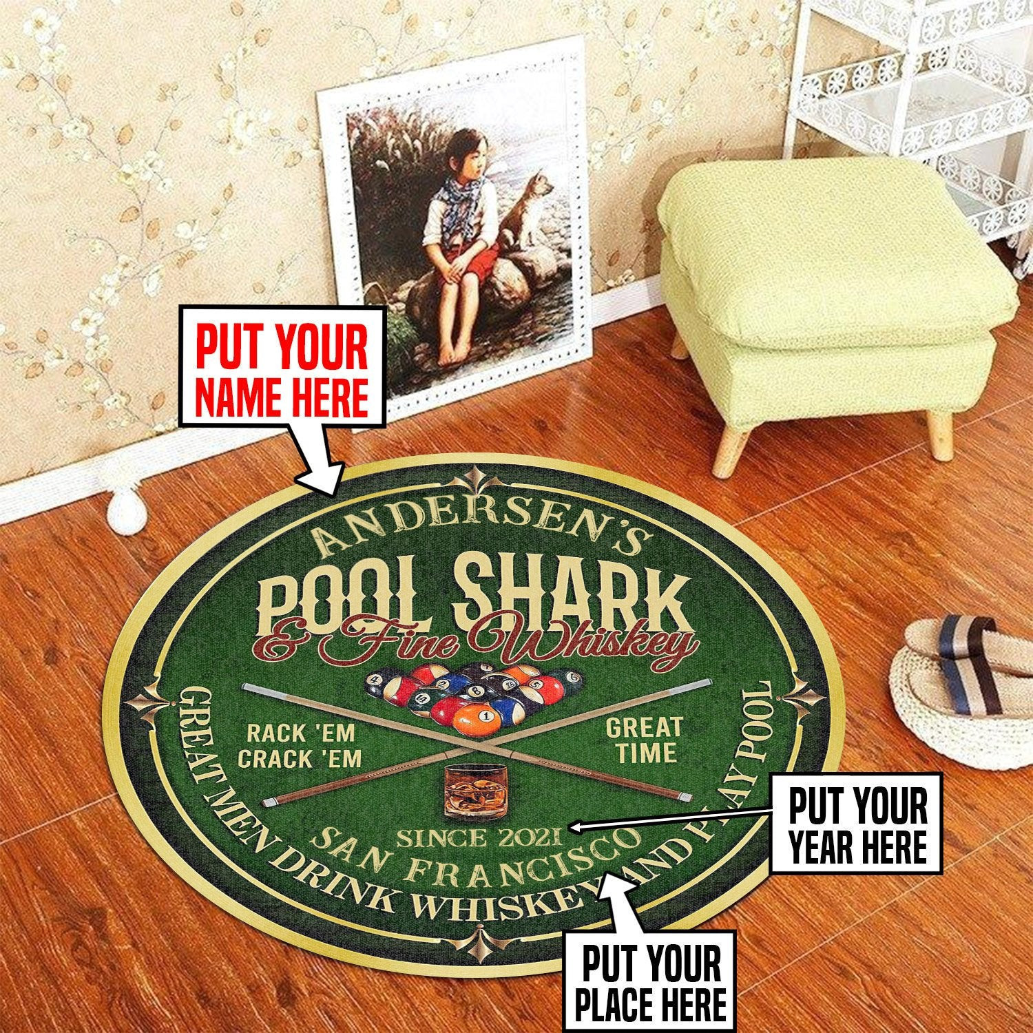 Personalized Pool Shark And Whiskey, Billiard Room Living Room Round Rug Carpet Bedroom Livingroom Home Decor - Image 3
