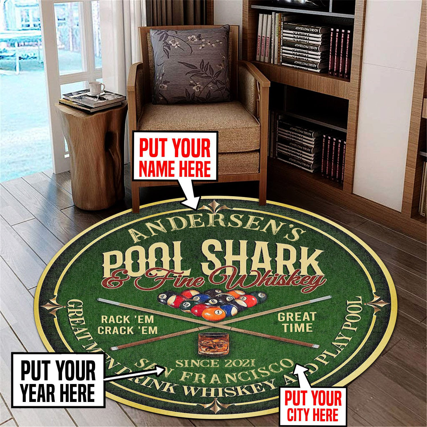 Personalized Pool Shark And Whiskey Billiard Room Round Rug Carpet Bedroom Livingroom Home Decor