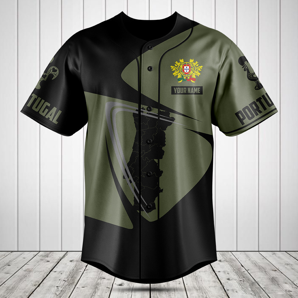 Personalized Portugal Map Black And Olive Green Baseball Jersey