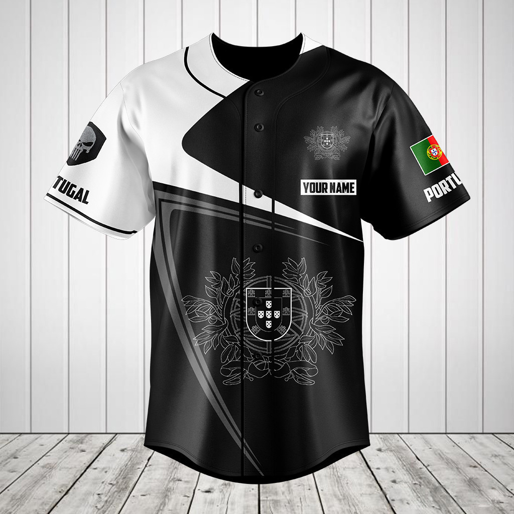 Personalized Portugal Symbol Black And White Skull Baseball Jersey