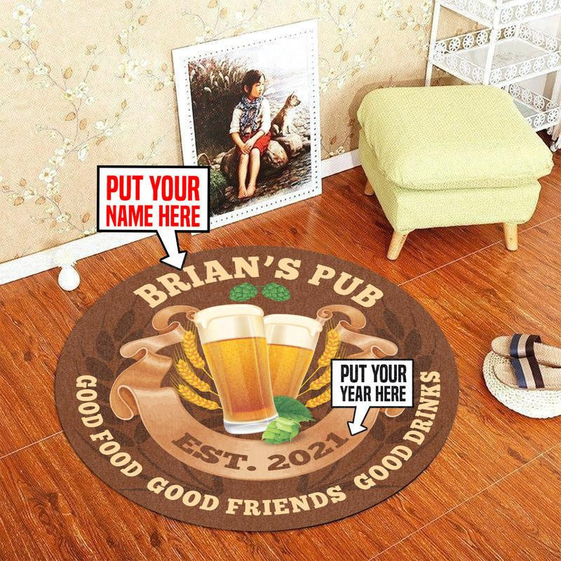 Personalized Pub Good Food Good Friends Good Drinks Round Rug Carpet Bedroom Livingroom Home Decor