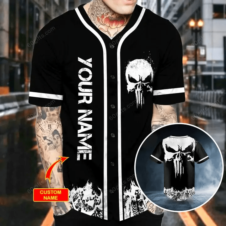 Personalized Punisher Skull Symbol Distressed Baseball Jersey