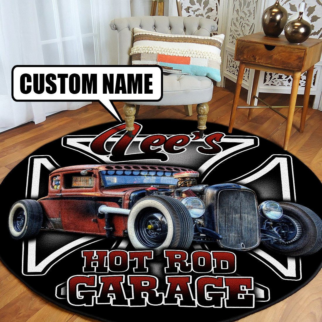 Personalized Rat Fink Hot Rod Shop Round Rug Carpet Bedroom Livingroom Home Decor - Image 3