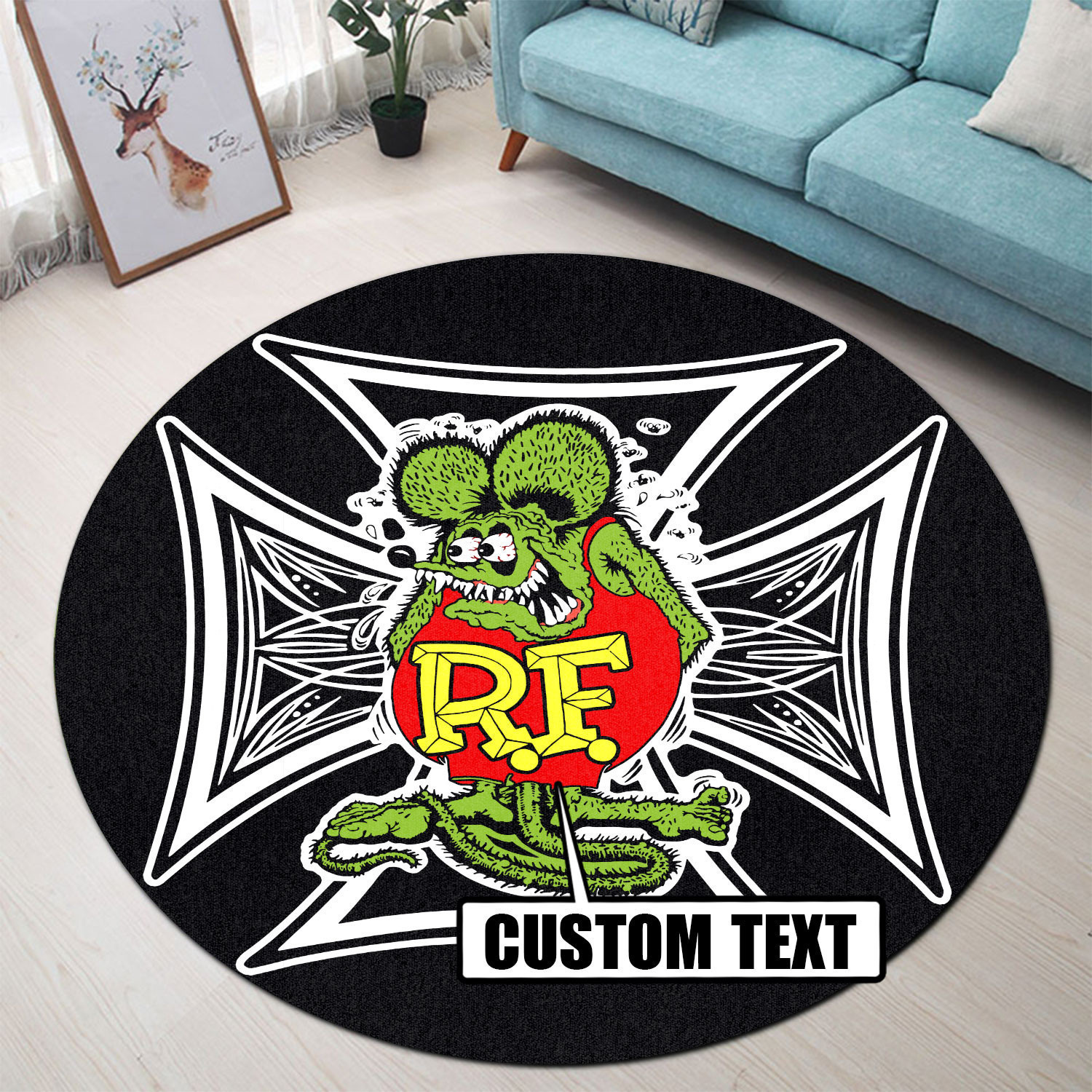Personalized Rat Rod Hot Rod Pinstripe Round Rug Carpet Bedroom Livingroom Home Decor