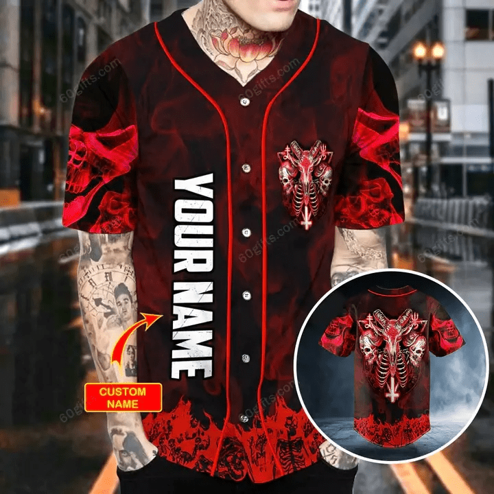 Personalized Red Baphomet Evil Skull Baseball Jersey