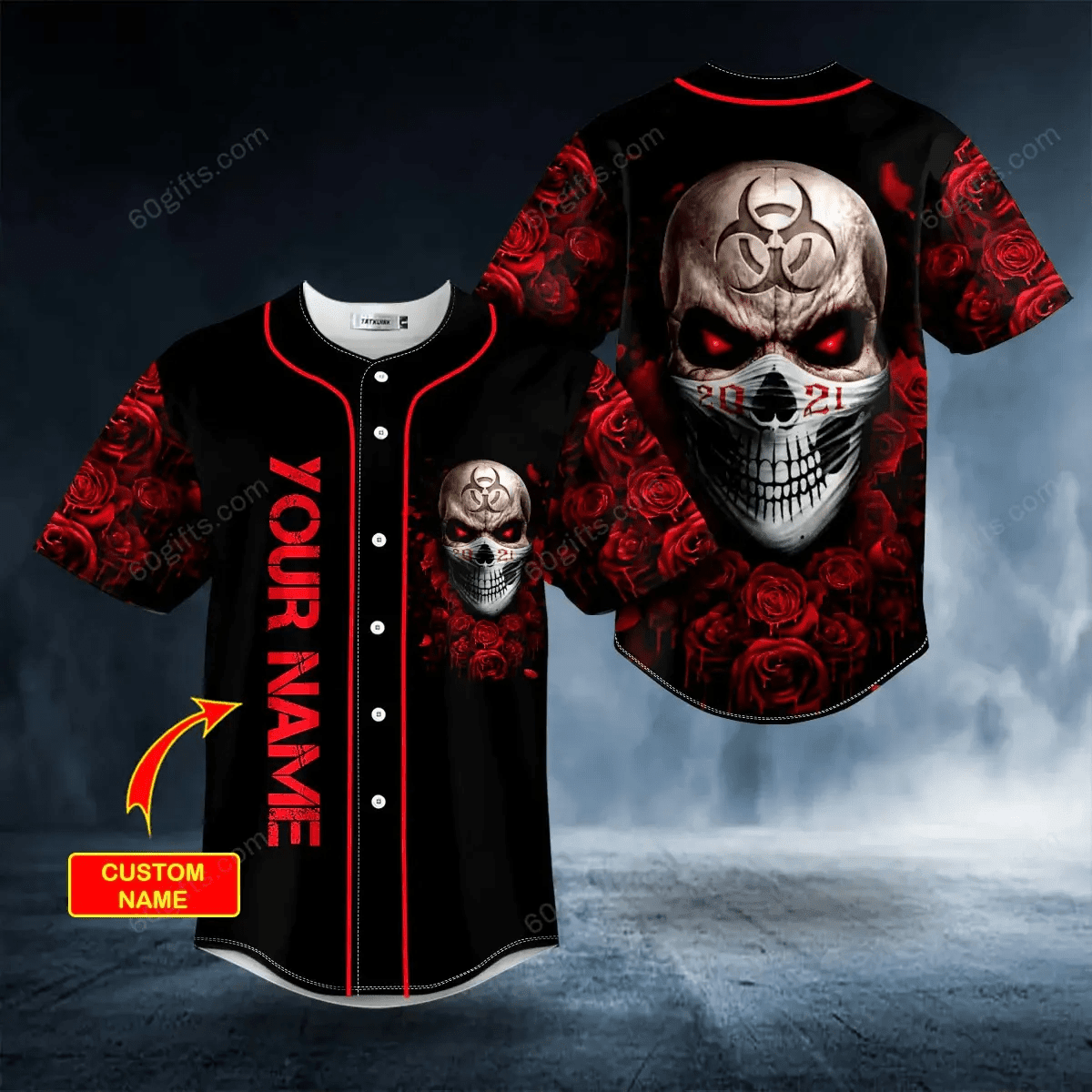 Personalized Red Biohazard Lockdown Rose Skull Baseball Jersey