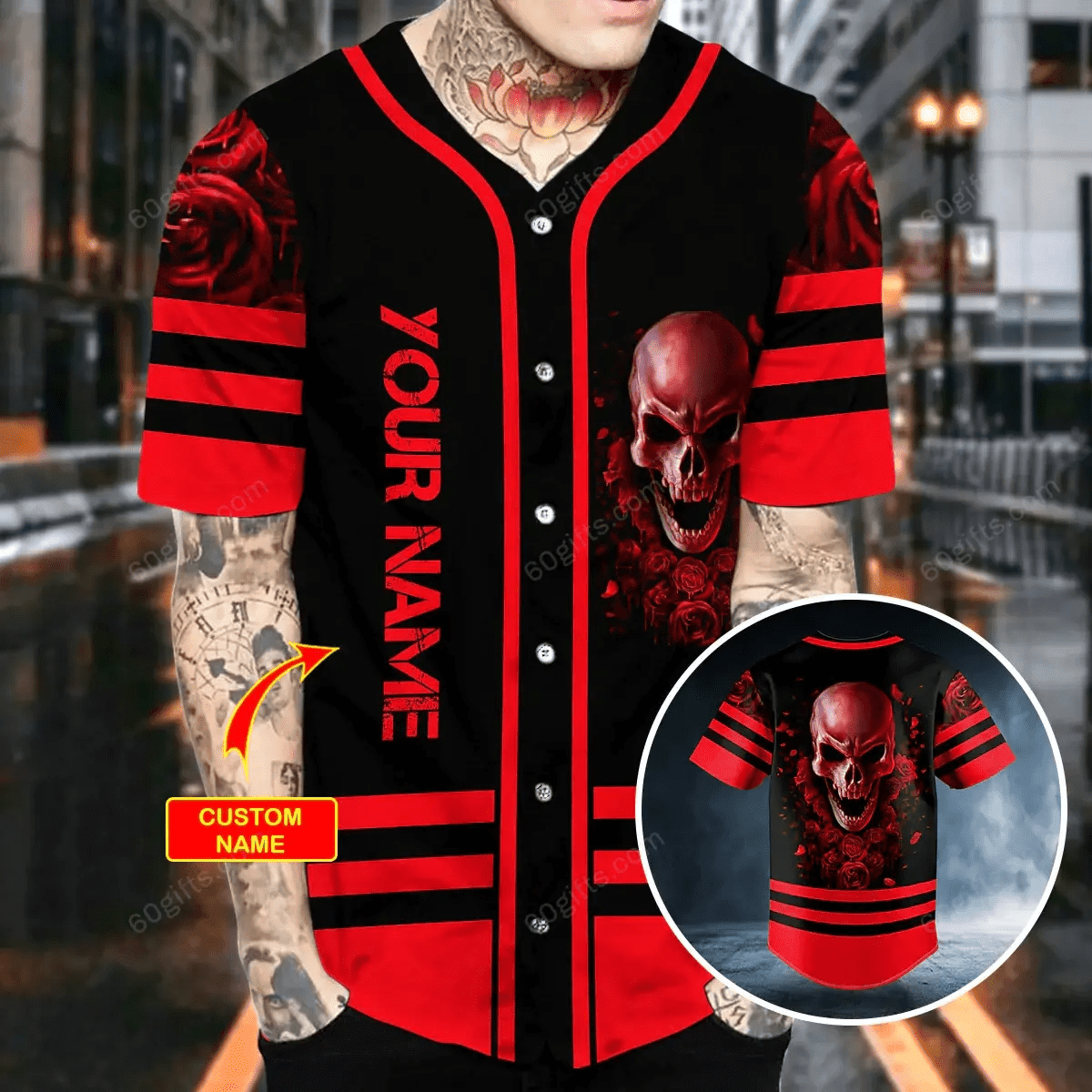 Personalized Red Black Awning Stripes Roses Sugar Skull Baseball Jersey