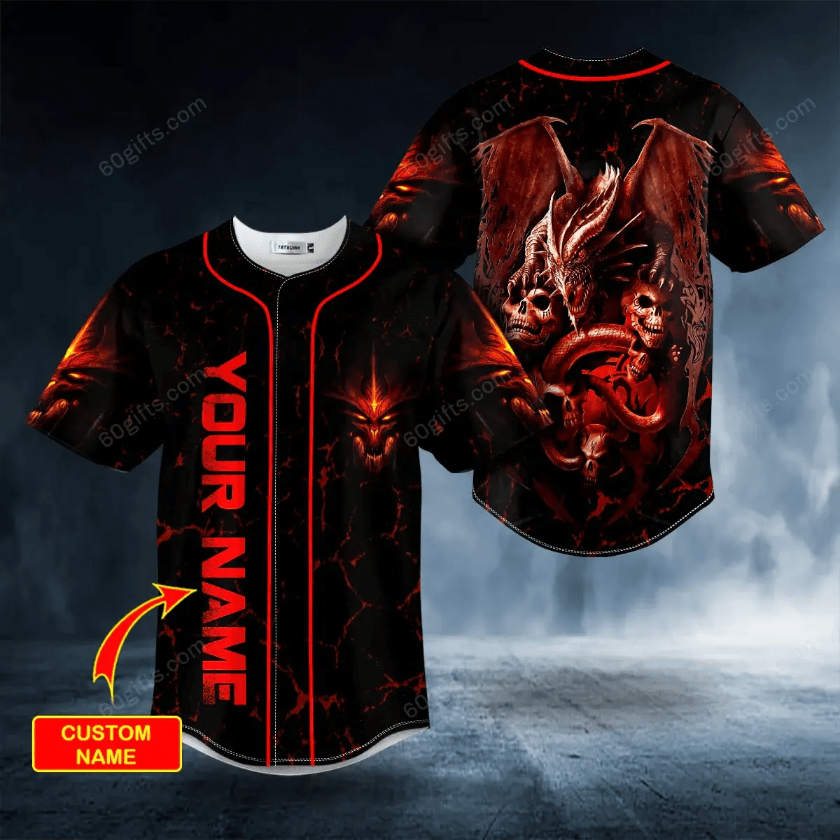 Personalized Red Dragon Trap The Hunt Skull Baseball Jersey