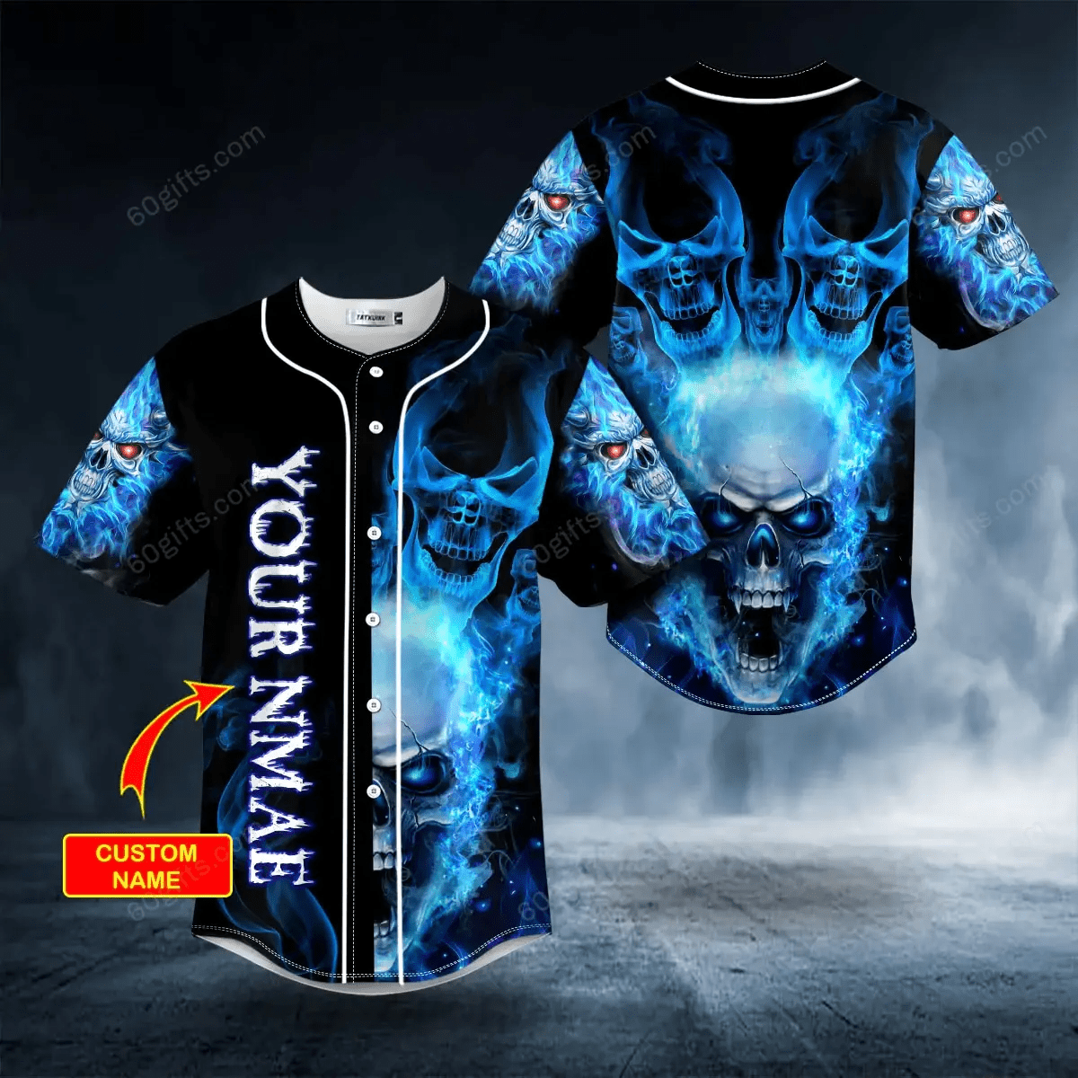 Personalized Red Eyes Blue Fire Skull Baseball Jersey