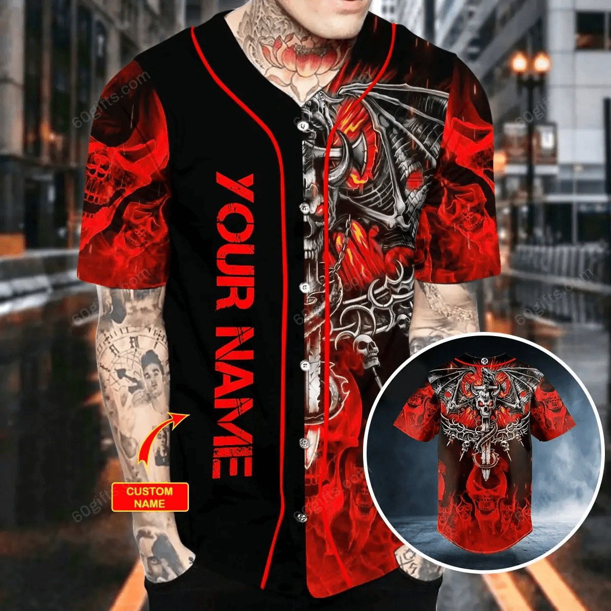 Personalized Red Flaming Dragon Skull Sword Baseball Jersey
