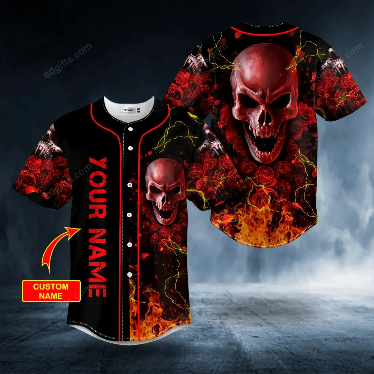 Personalized Red Rose Blood Lightning Fire Skull Baseball Jersey