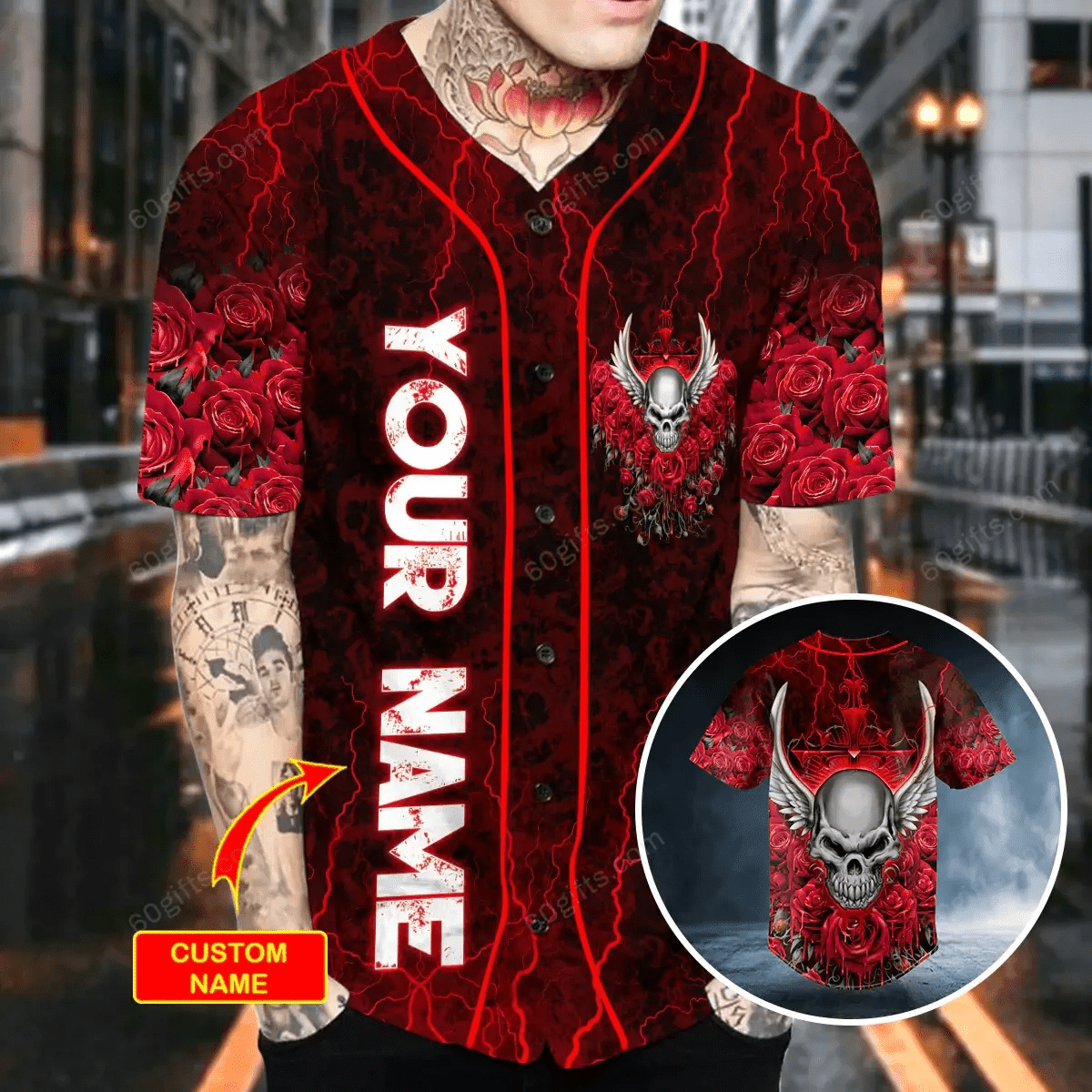 Personalized Red Roses Winged Angel Skull Baseball Jersey