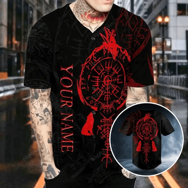 Personalized Red Runes Viking Compass Tattoo Baseball Jersey