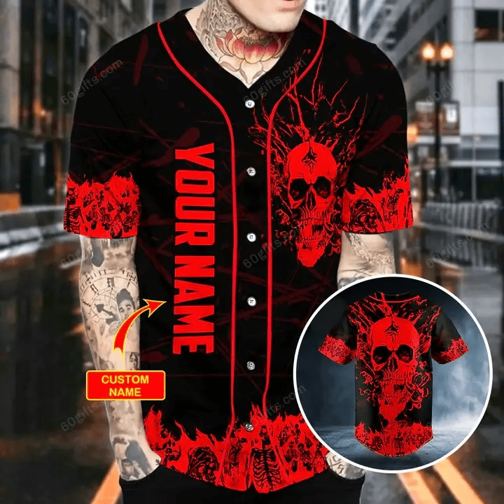 Personalized Red Stream Flame Skull Baseball Jersey