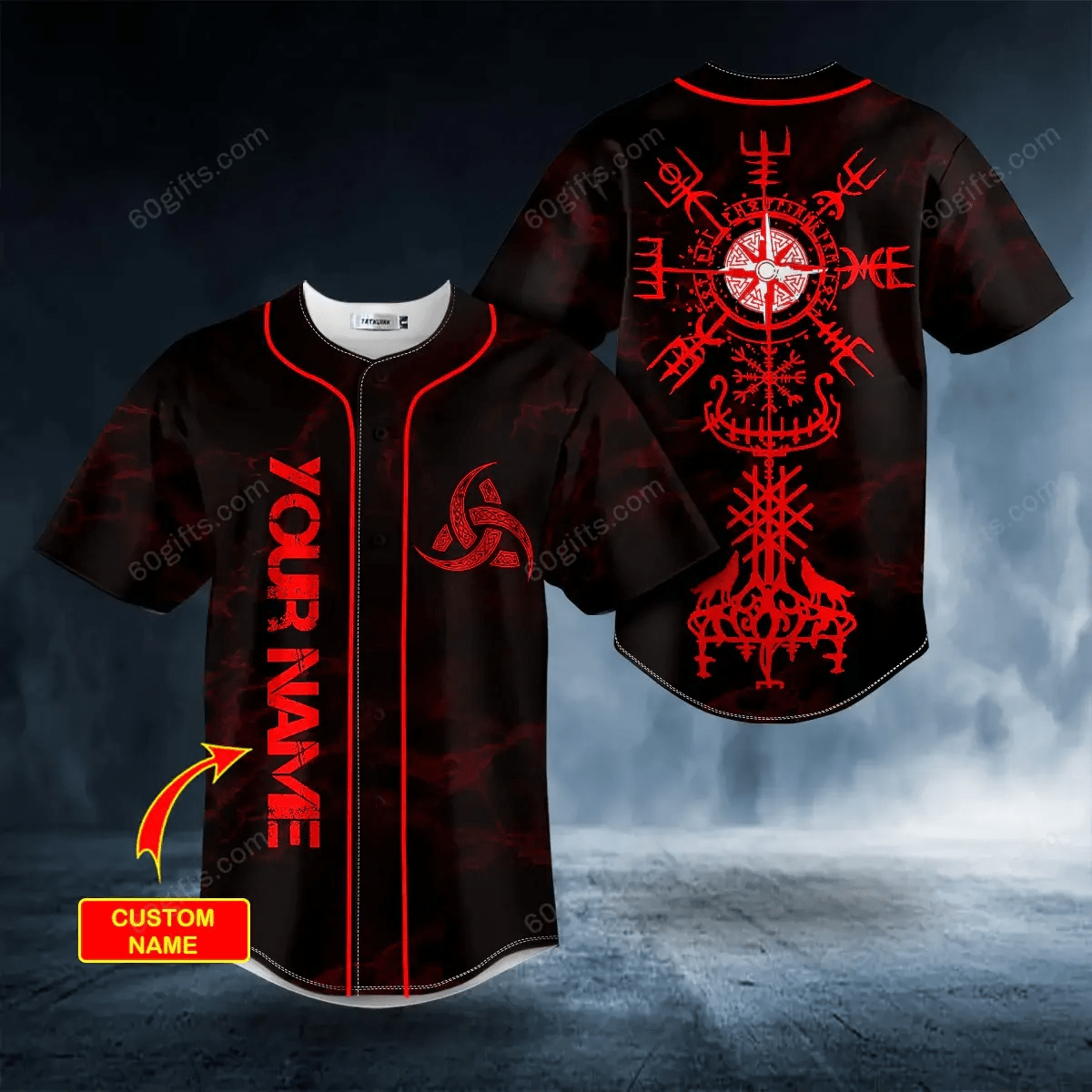 Personalized Red Vegvisir Yggdrasill Viking Tattoo Baseball Jersey