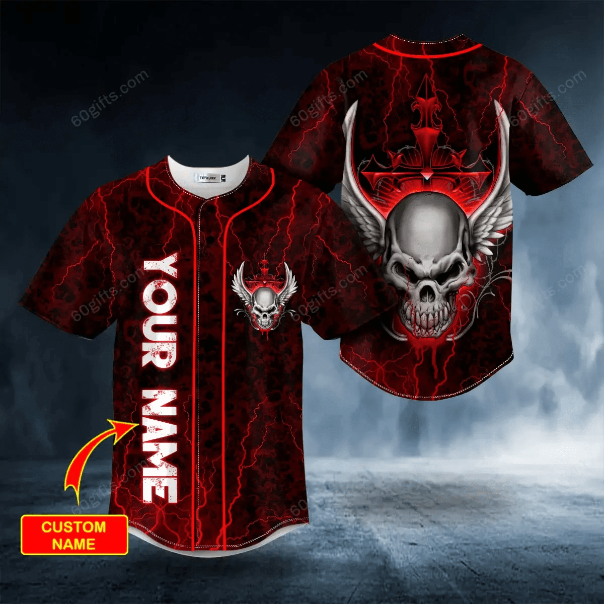 Personalized Red Winged Fire Skull Baseball Jersey
