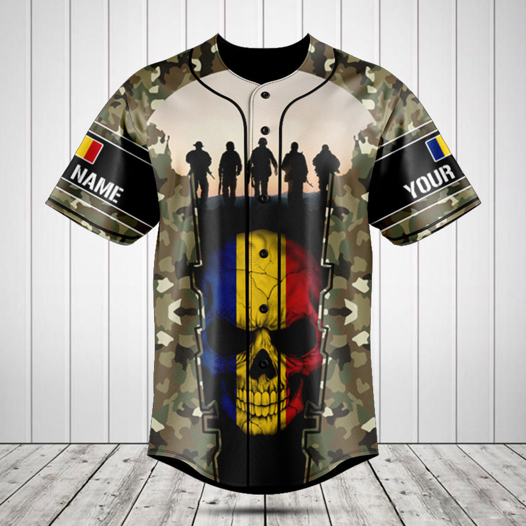 Personalized Romania 3D Skull Flag Camouflage Baseball Jersey