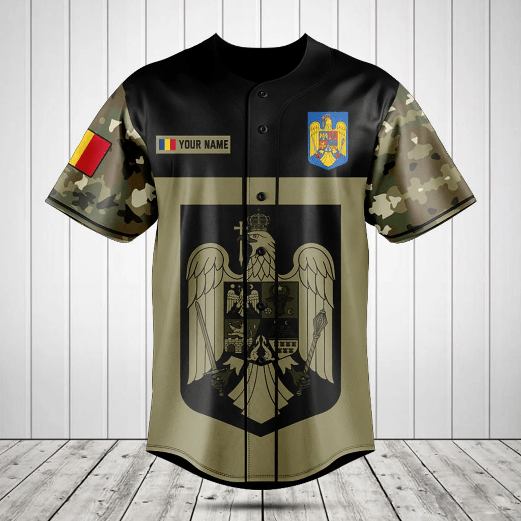 Personalized Romania Black Coat Of Arms Camo Baseball Jersey