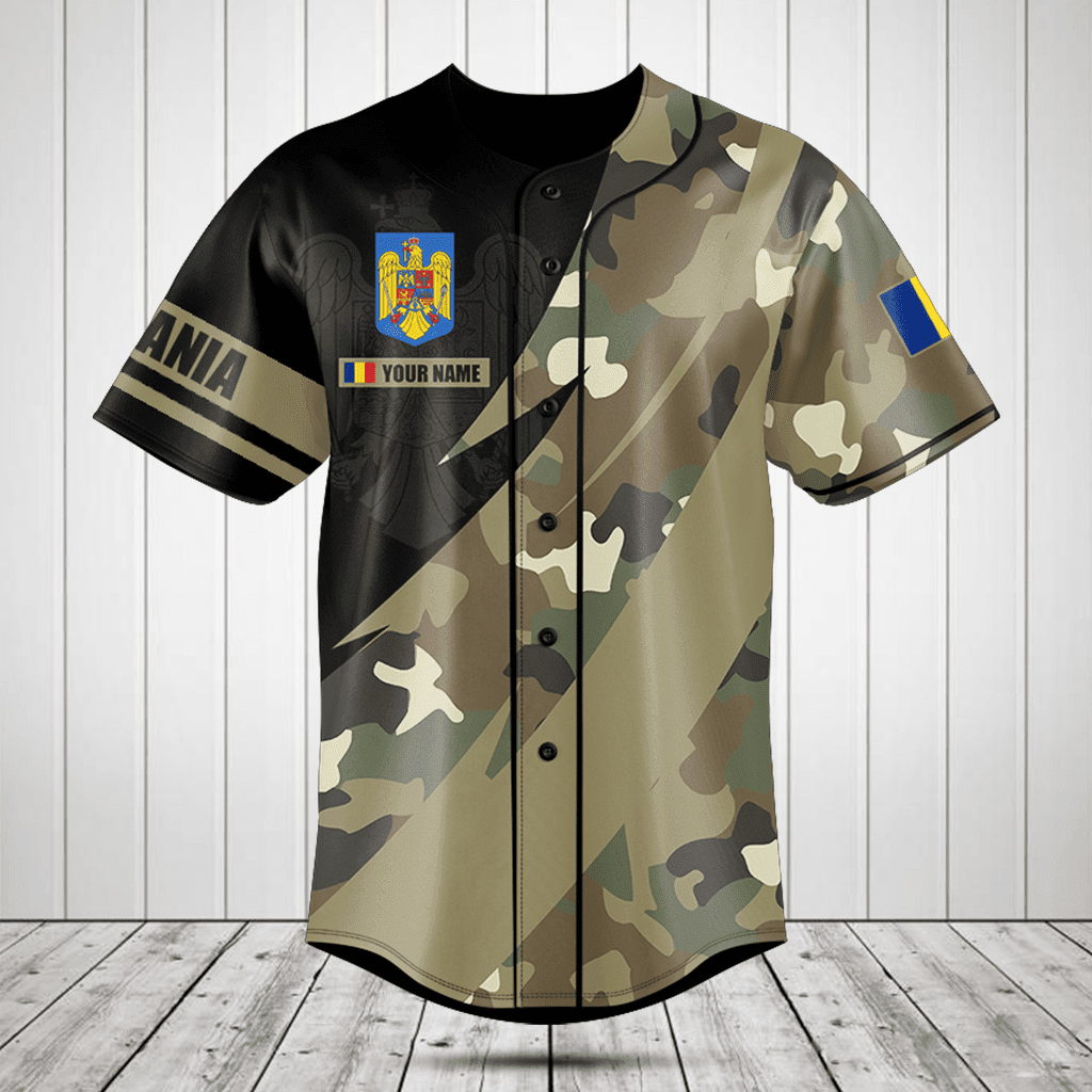 Personalized Romania Coat Of Arms Camo Fire Style Baseball Jersey