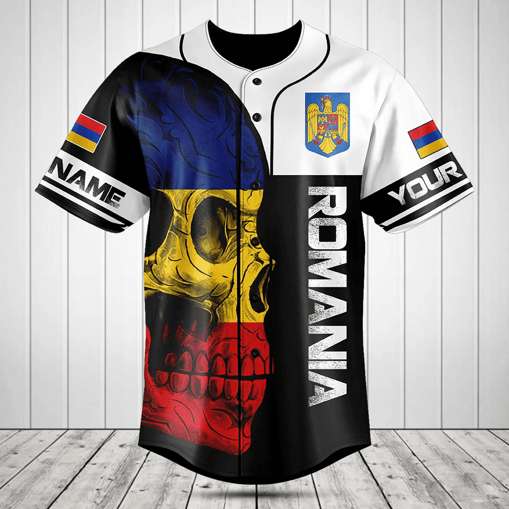 Personalized Romania Skull Flag 3D Black And White Baseball Jersey