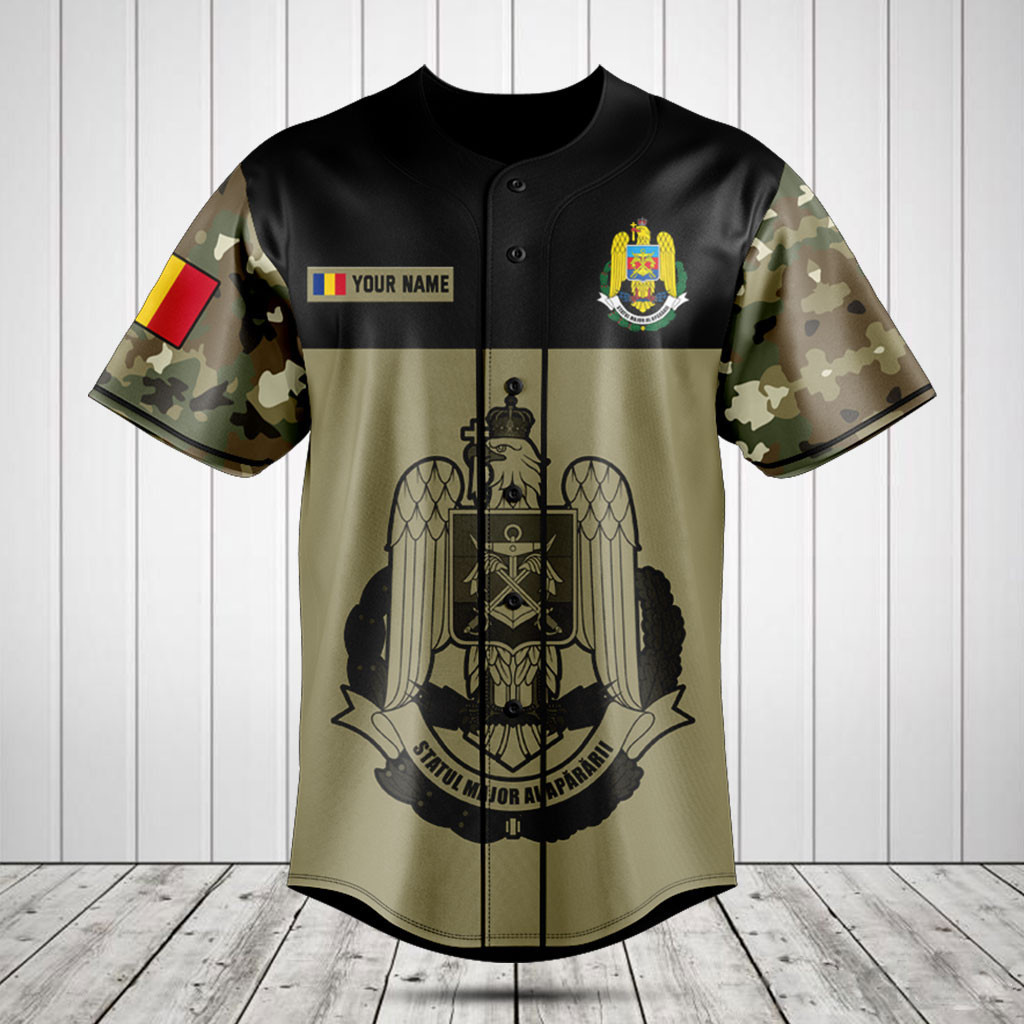 Personalized Romanian Army Black Symbol Camo Baseball Jersey