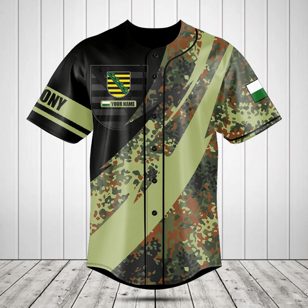 Personalized Saxony Coat of Arms Camo Fire Style Baseball Jersey