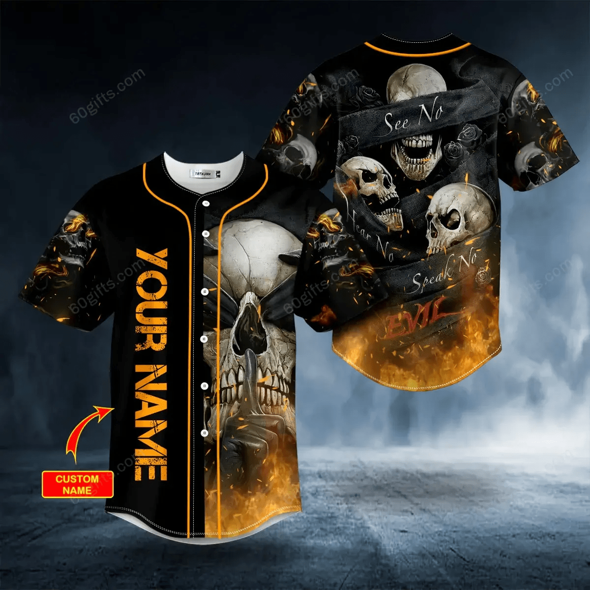 Personalized See Hear Speak No Evil Fire Skull Baseball Jersey
